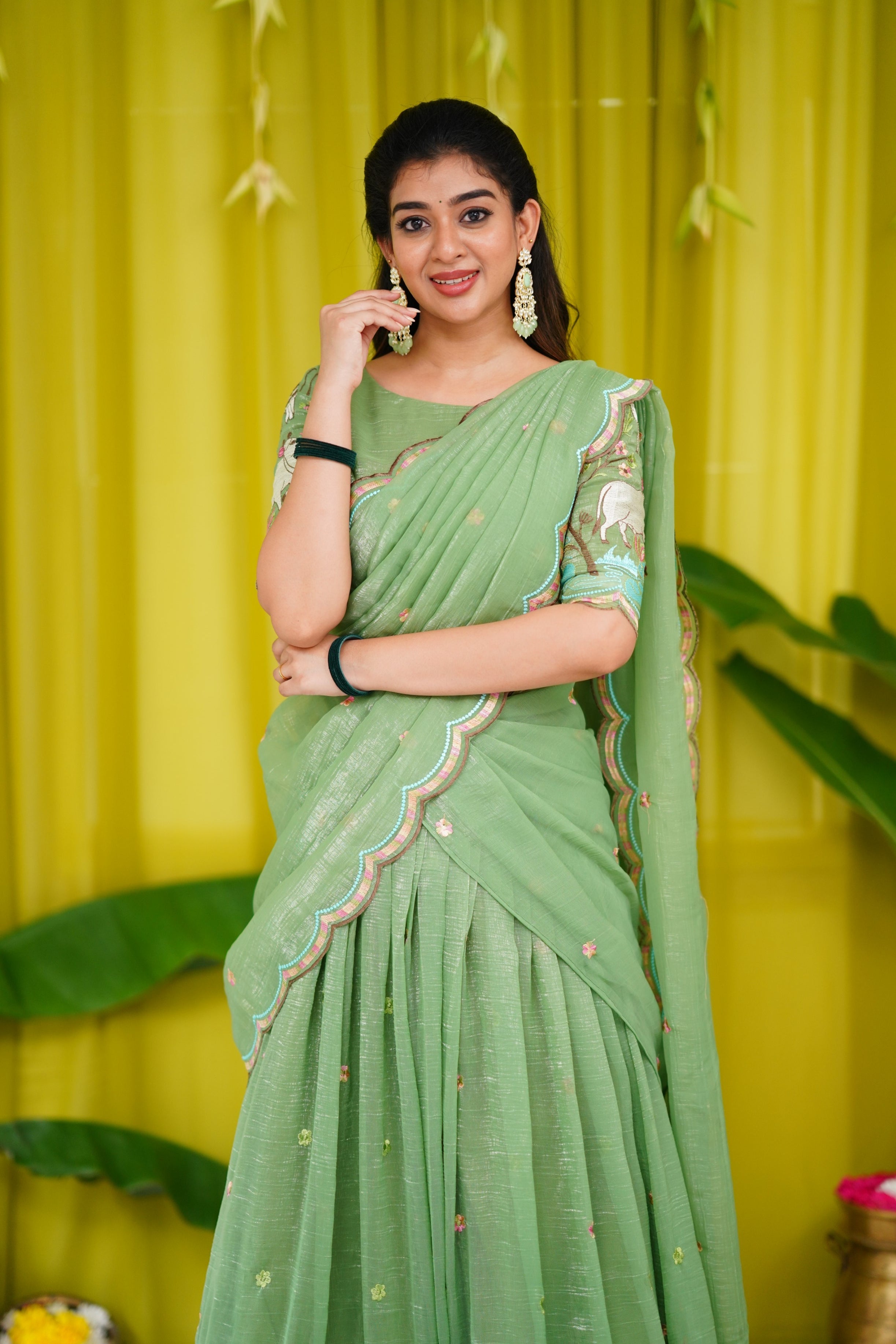 Prachi Metallic Chiffon Half Saree - Dull Green Sarees