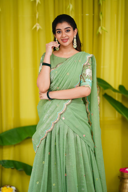 Prachi Metallic Chiffon Half Saree - Dull Green Sarees