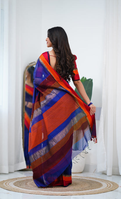 Maanvi Maheswari Silk Cotton Saree - Royal Blue and Red