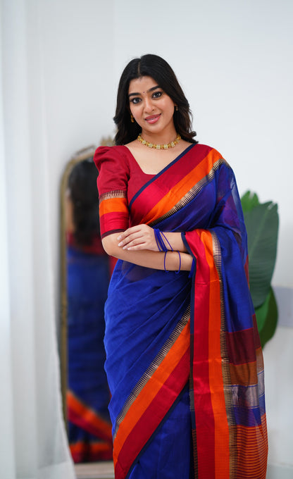 Maanvi Maheswari Silk Cotton Saree - Royal Blue and Red