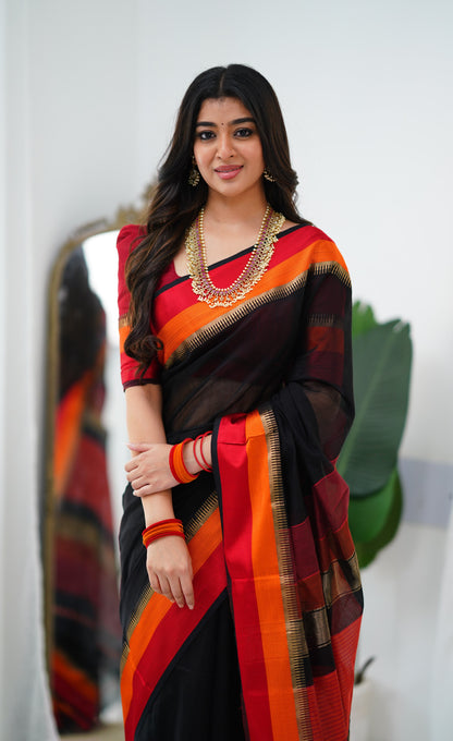 Maanvi Maheswari Silk Cotton Saree - Black and Red