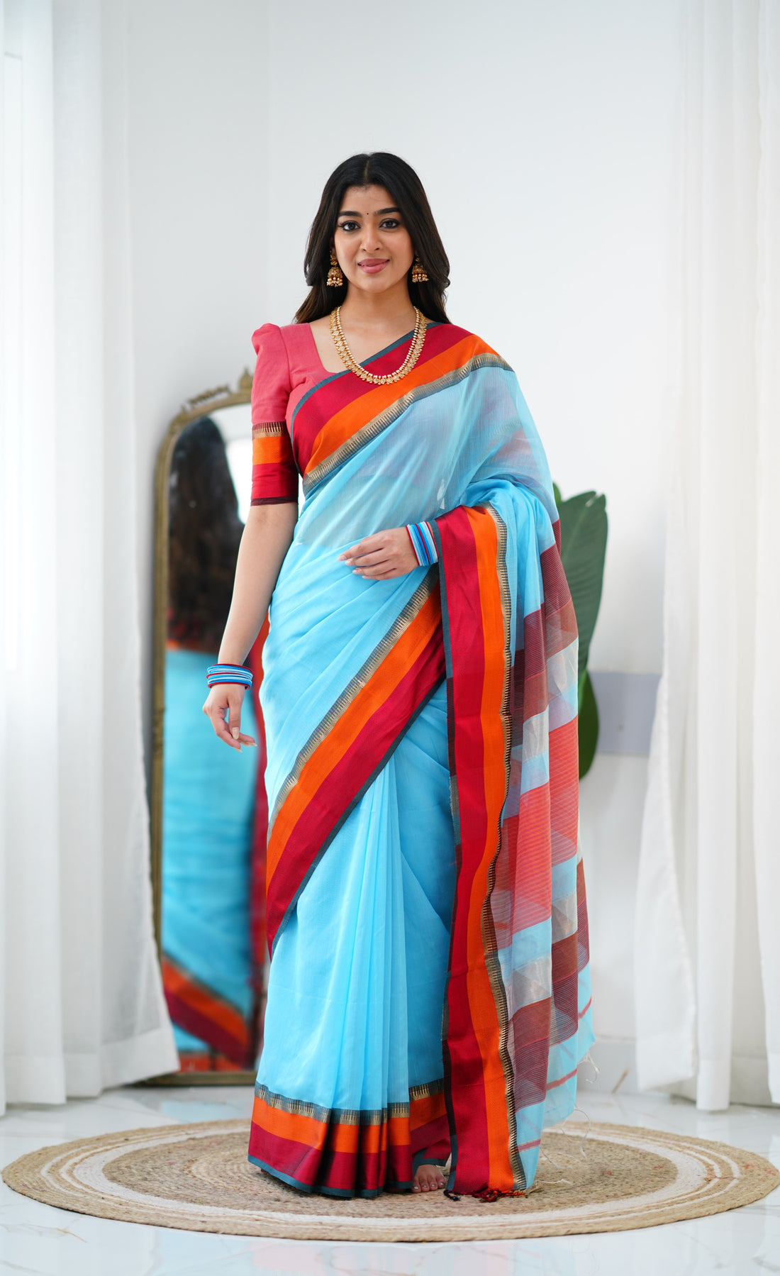 Maanvi Maheswari Silk Cotton Saree - Sky Blue and Red