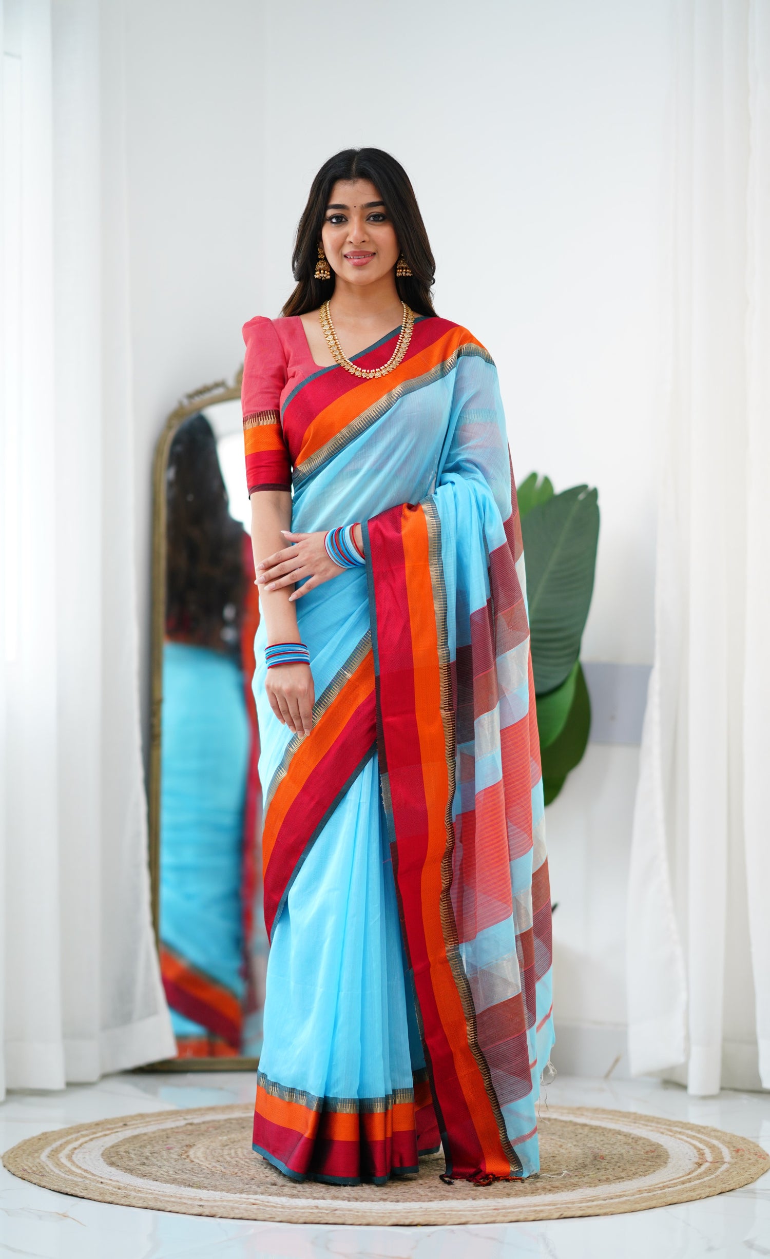 Maanvi Maheswari Silk Cotton Saree - Sky Blue and Red