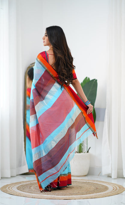 Maanvi Maheswari Silk Cotton Saree - Sky Blue and Red