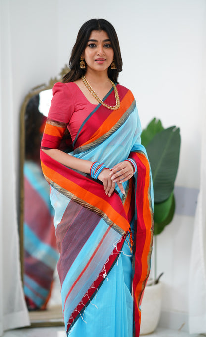 Maanvi Maheswari Silk Cotton Saree - Sky Blue and Red