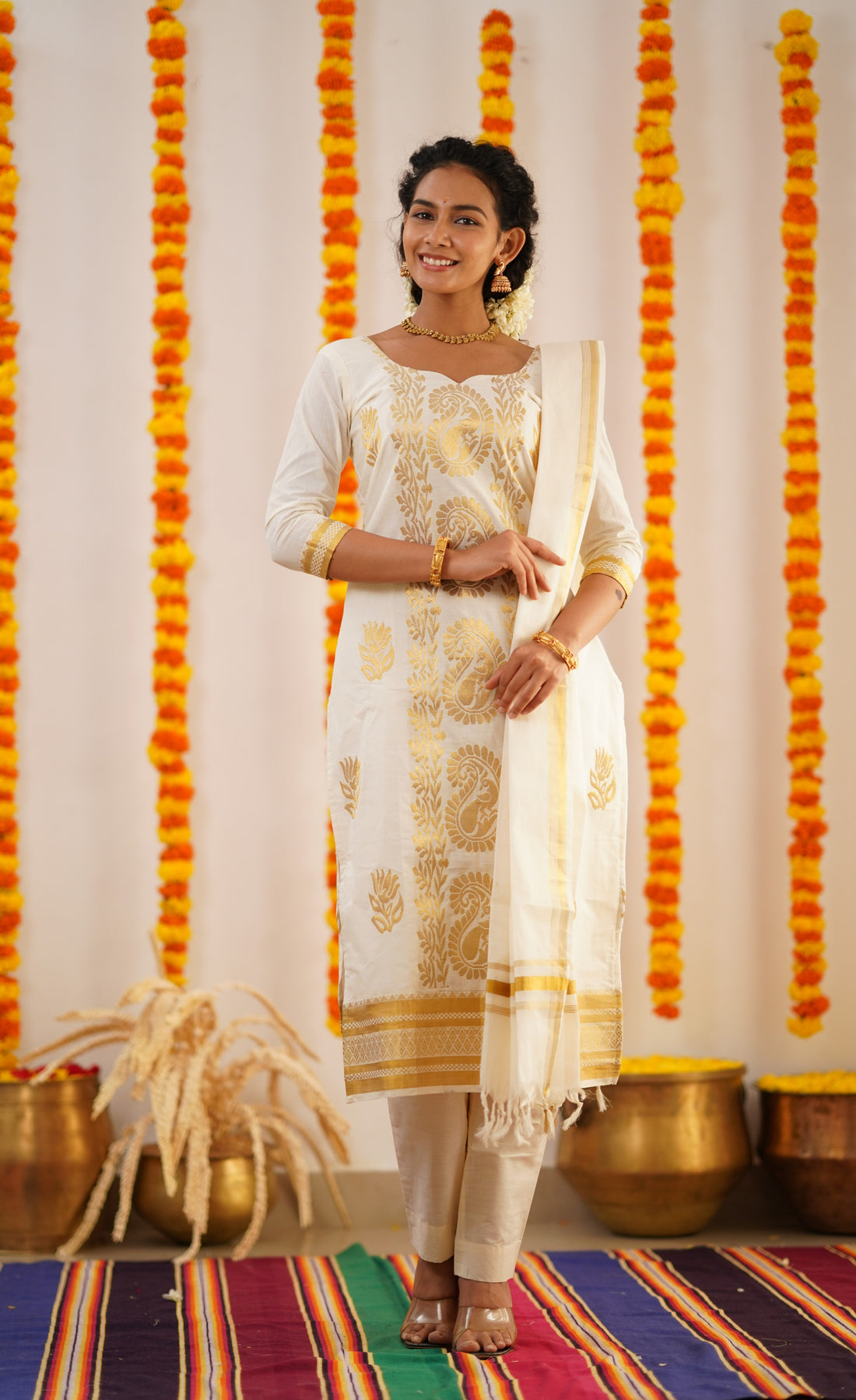 Omana Cotton Tissue Salwar - Offwhite and Gold