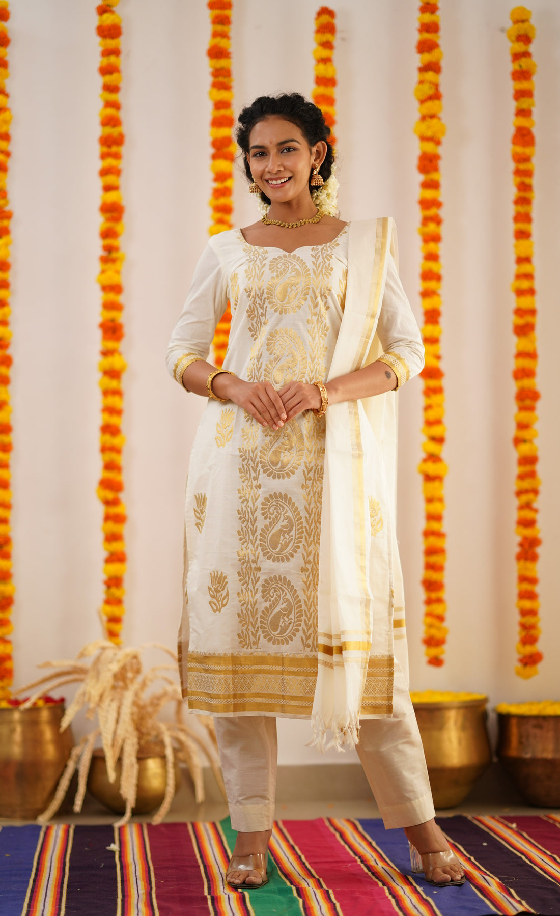 Omana Cotton Tissue Salwar - Offwhite and Gold