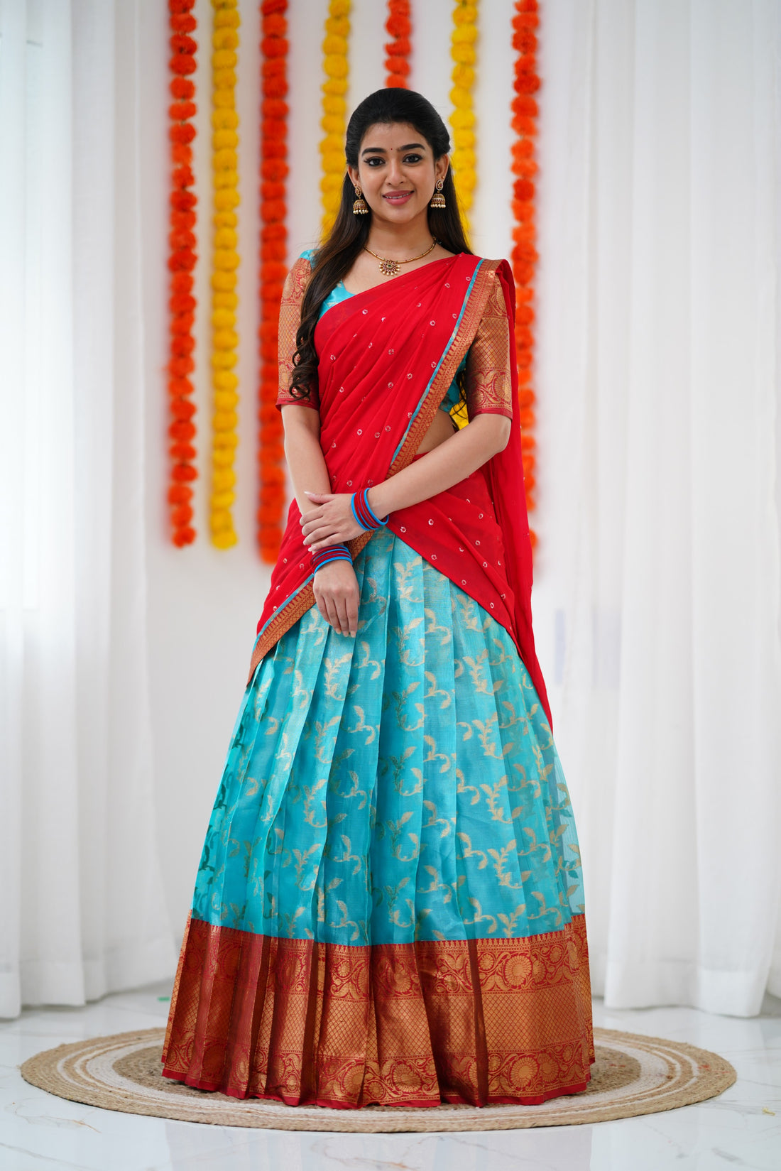 Izhaiyini Organza Halfsaree - Sky Blue and Red