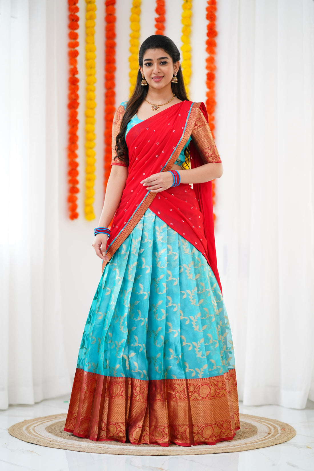 Izhaiyini Organza Halfsaree - Sky Blue and Red