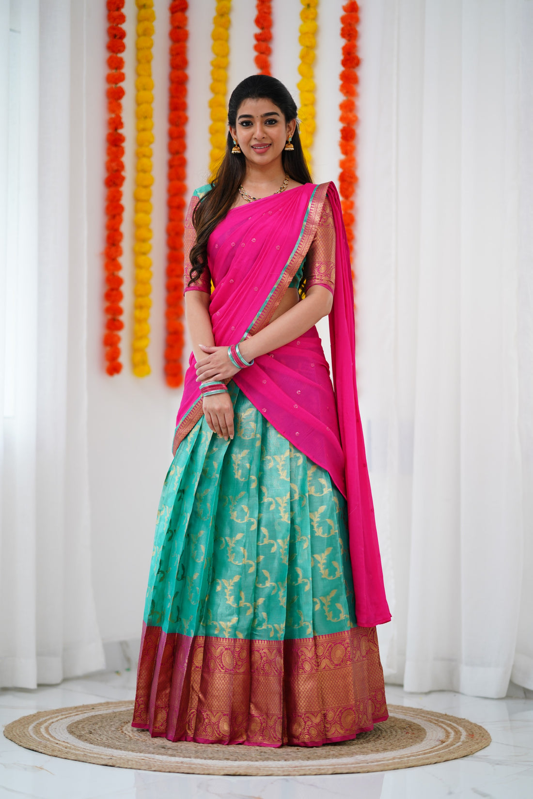 Izhaiyini Organza Halfsaree - Teal Green and Dark Pink