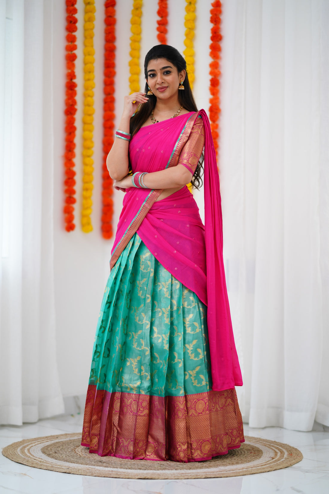 Izhaiyini Organza Halfsaree - Teal Green and Dark Pink