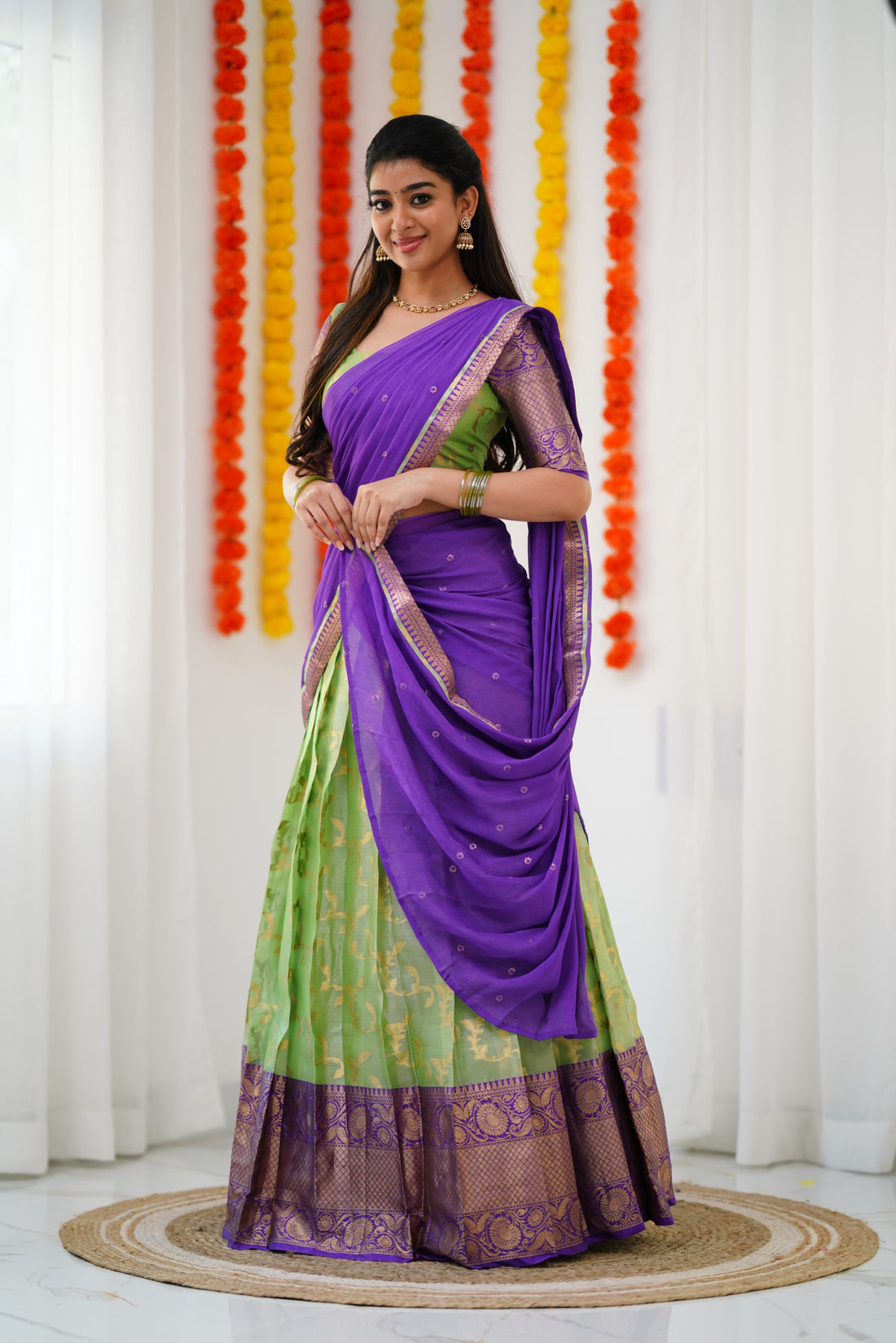 Izhaiyini Organza Halfsaree - Pastel Green and Purple