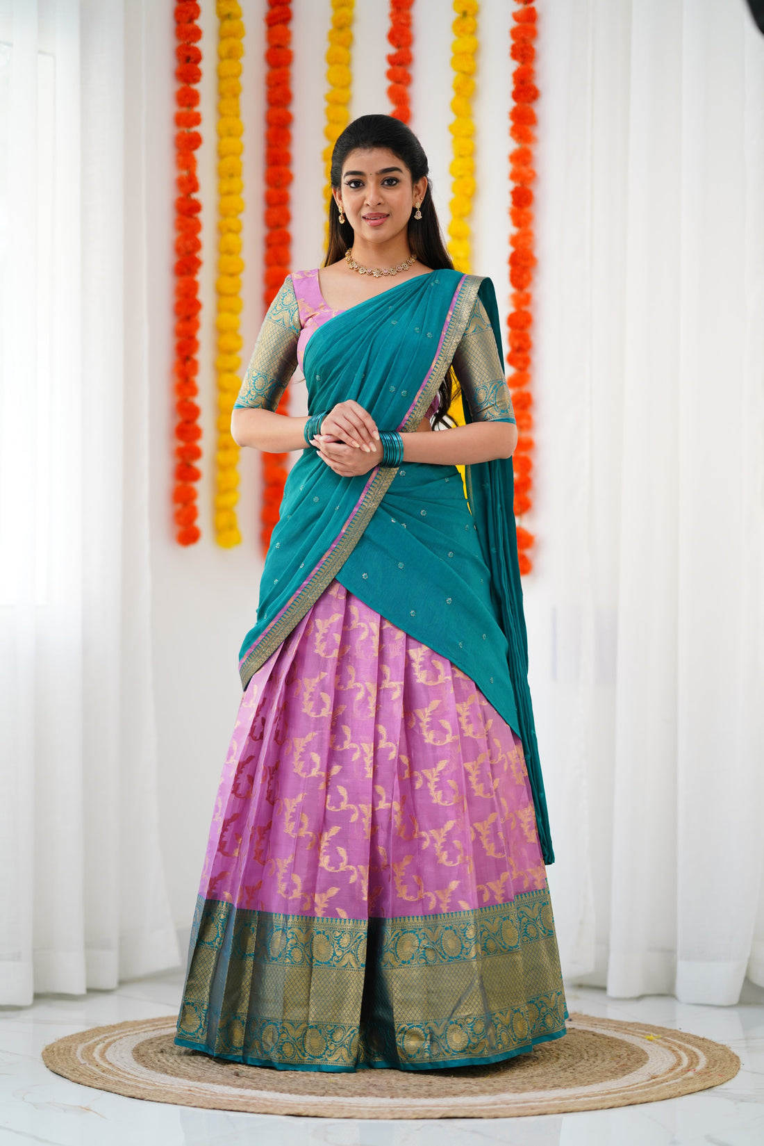 Izhaiyini Organza Halfsaree - Pink and Teal Green