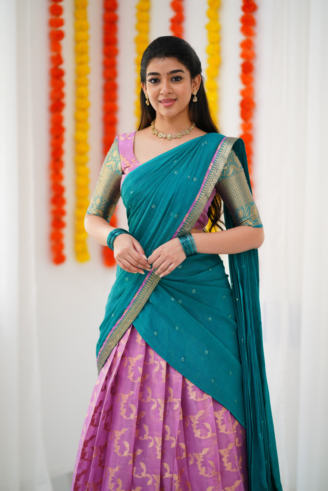 Izhaiyini Organza Halfsaree - Pink and Teal Green