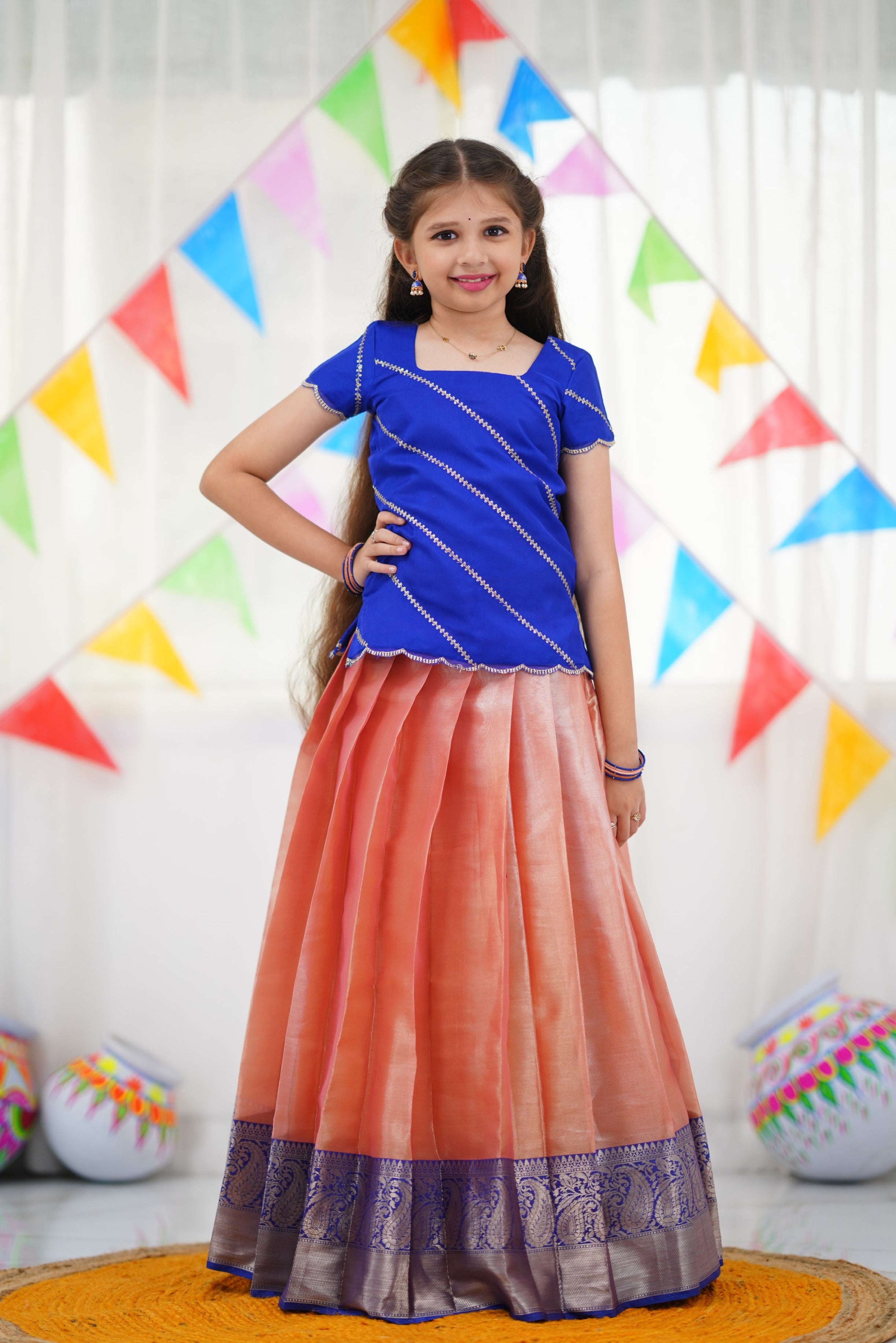 Organza Pavadai Sattai - Peach and Royal Blue