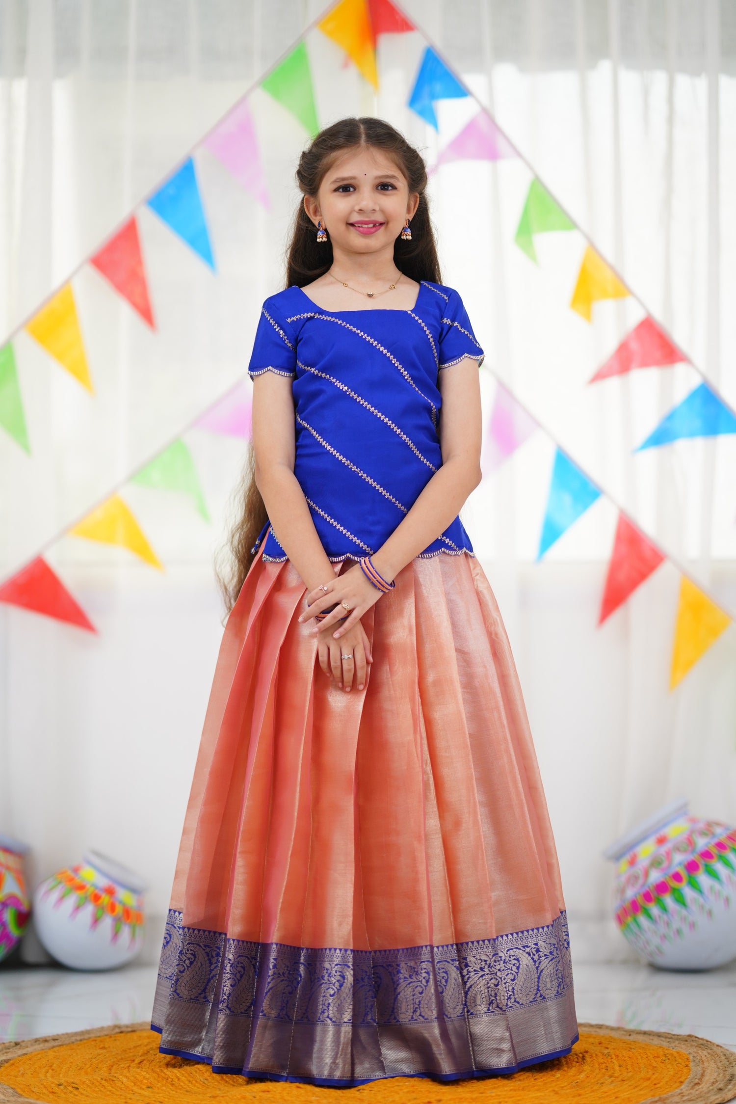 Organza Pavadai Sattai - Peach and Royal Blue