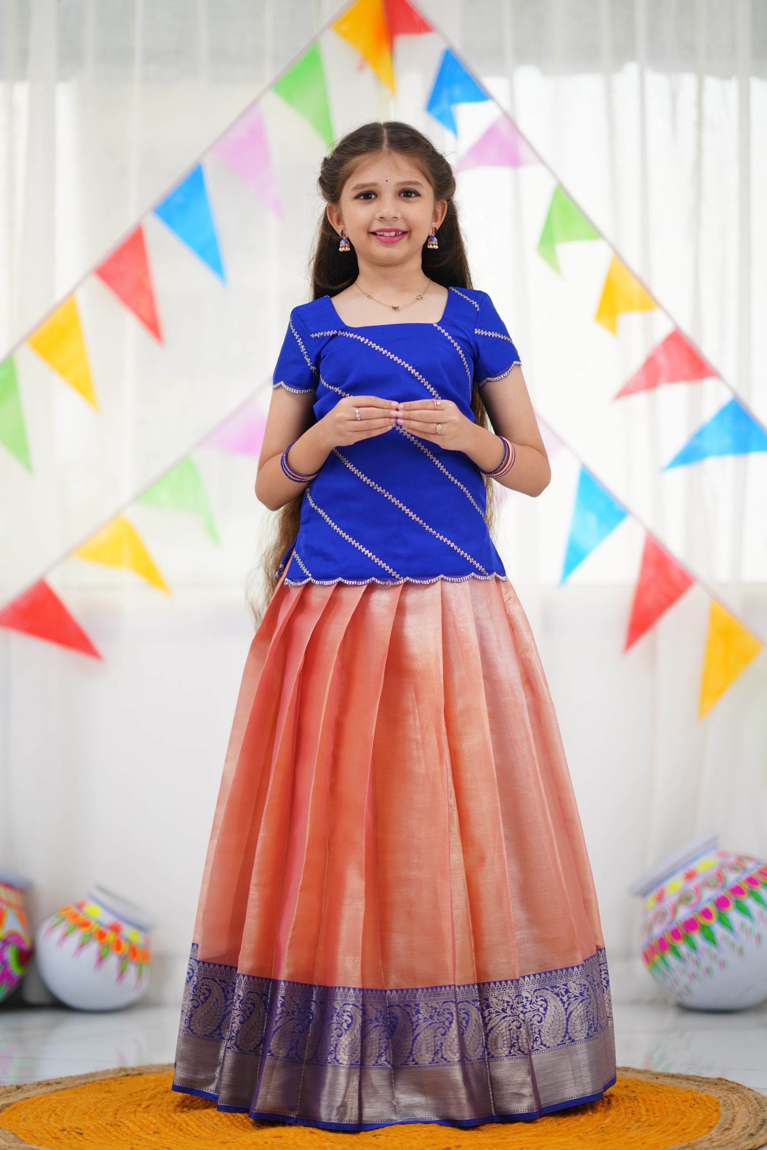 Organza Pavadai Sattai - Peach and Royal Blue