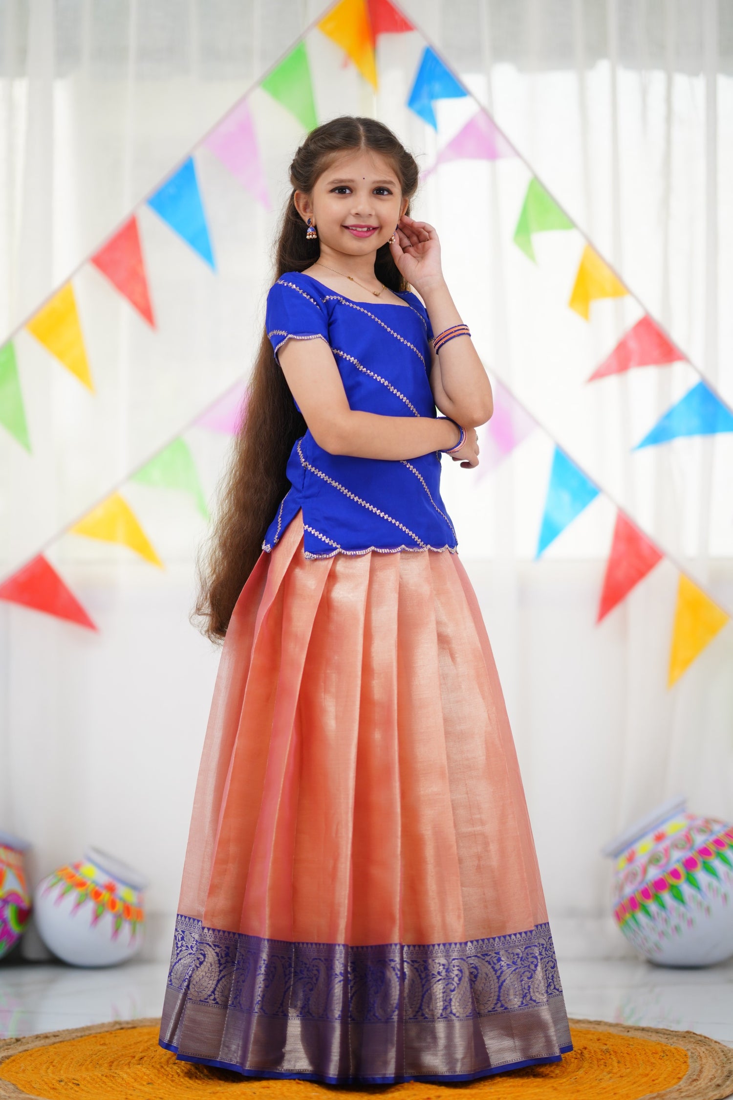 Organza Pavadai Sattai - Peach and Royal Blue