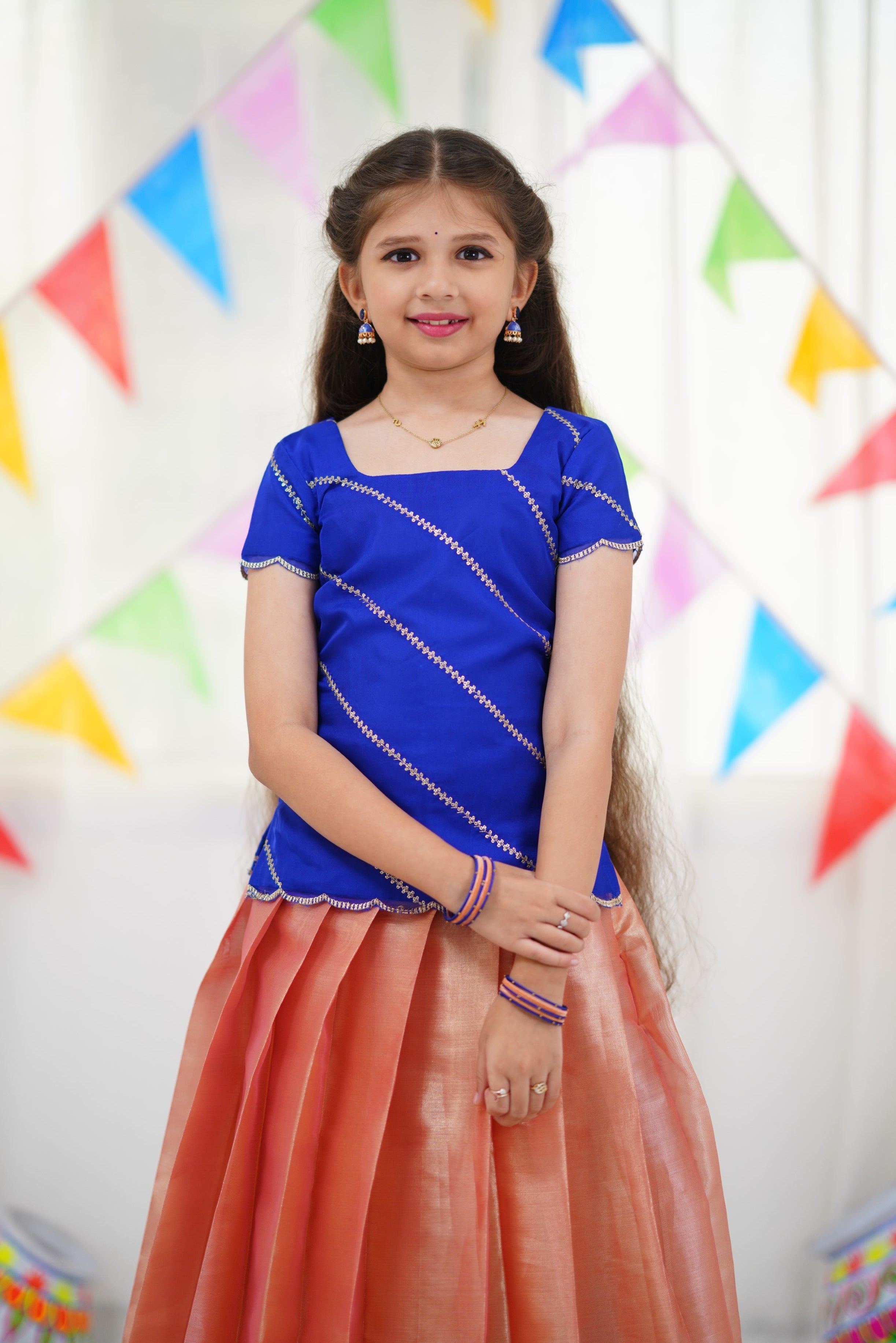 Organza Pavadai Sattai - Peach and Royal Blue