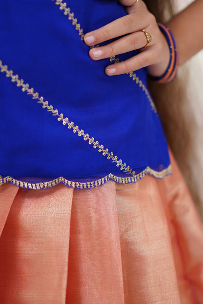 Organza Pavadai Sattai - Peach and Royal Blue