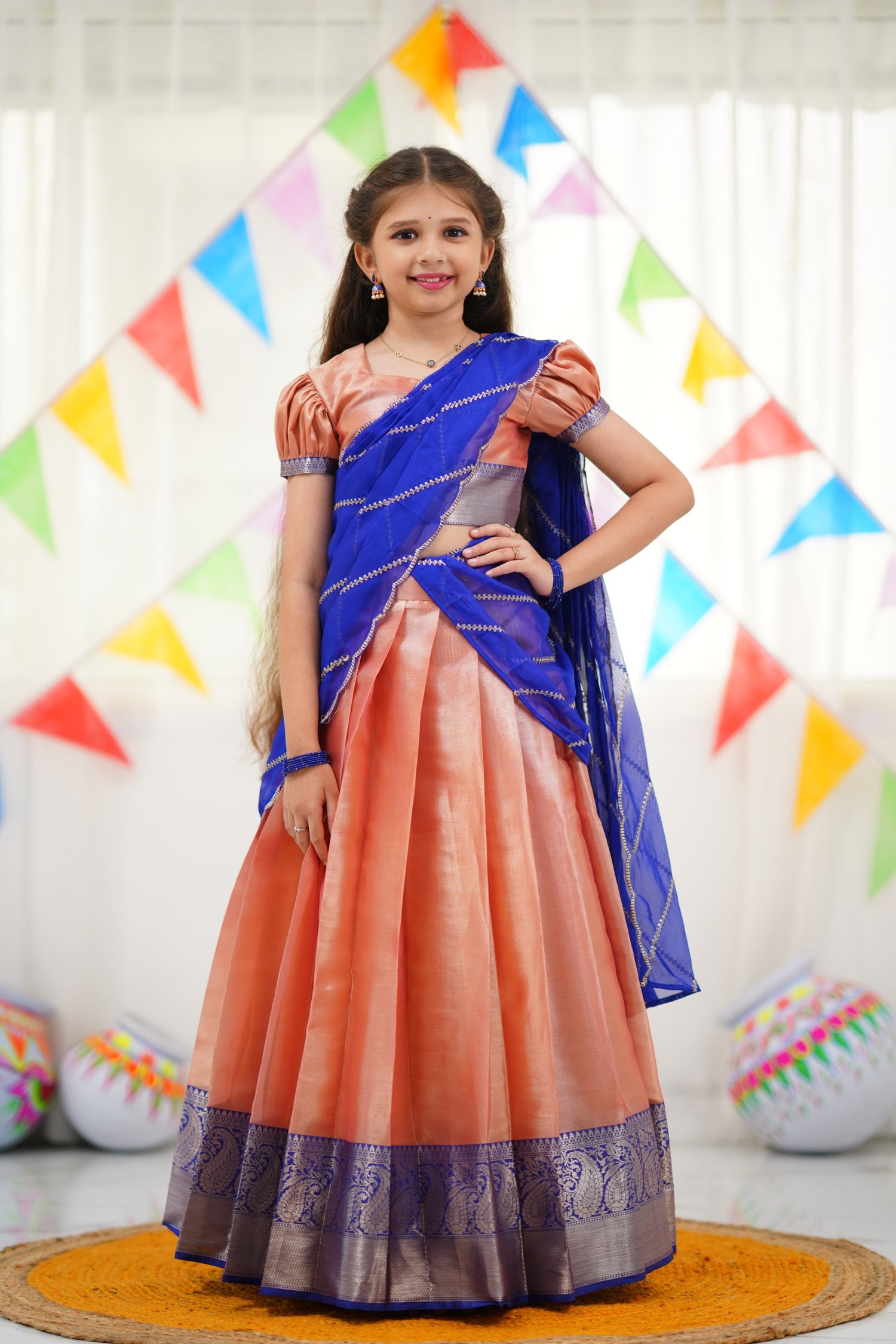 Kumaari Half Saree - Peach and Royal Blue