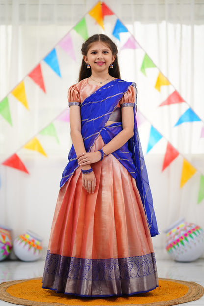 Kumaari Half Saree - Peach and Royal Blue