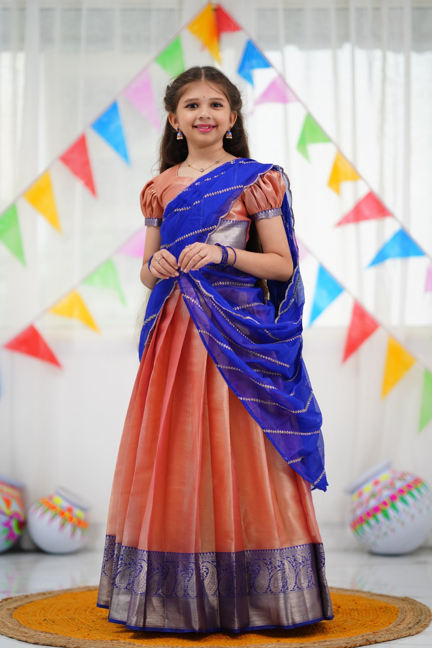 Kumaari Half Saree - Peach and Royal Blue