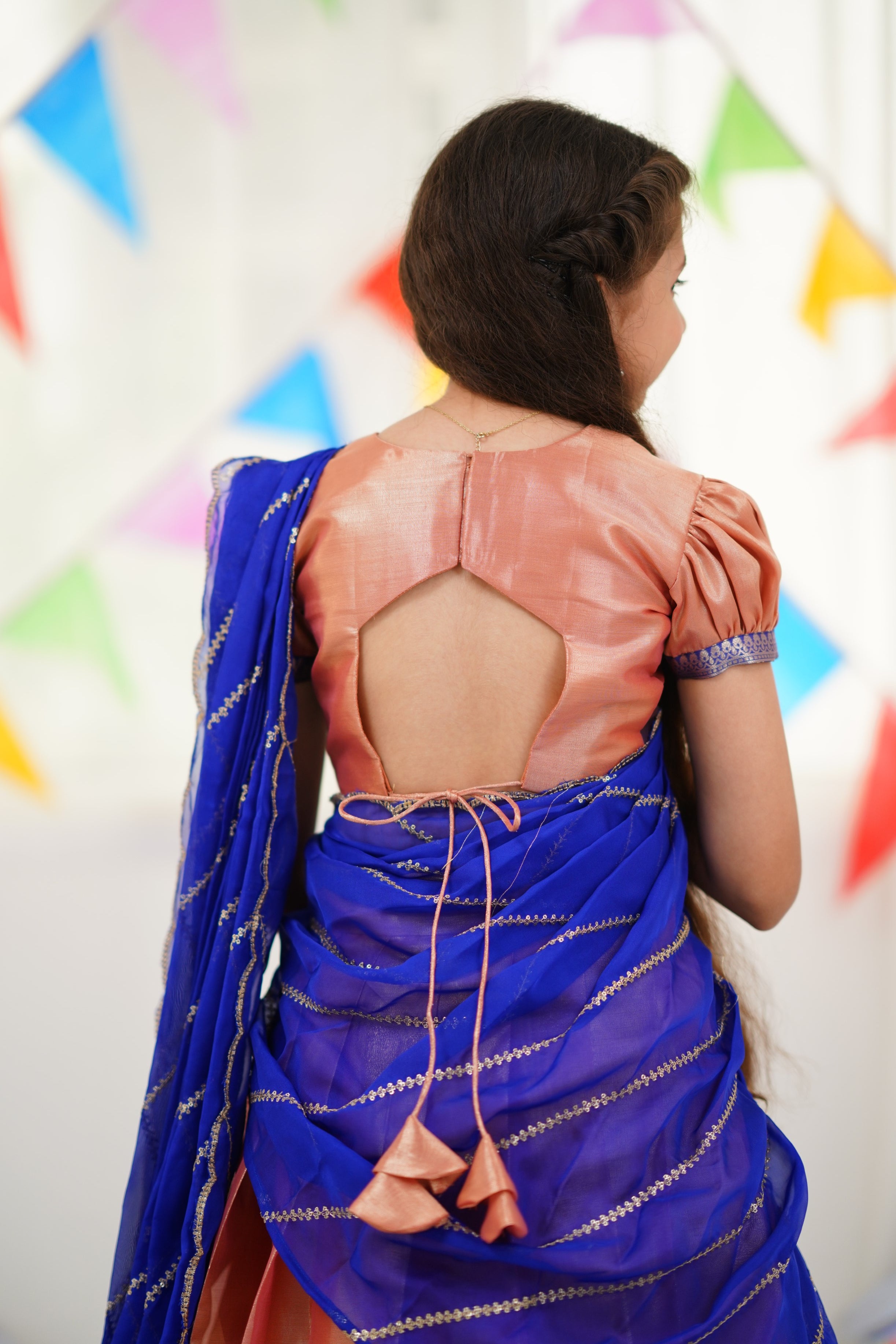 Kumaari Half Saree - Peach and Royal Blue