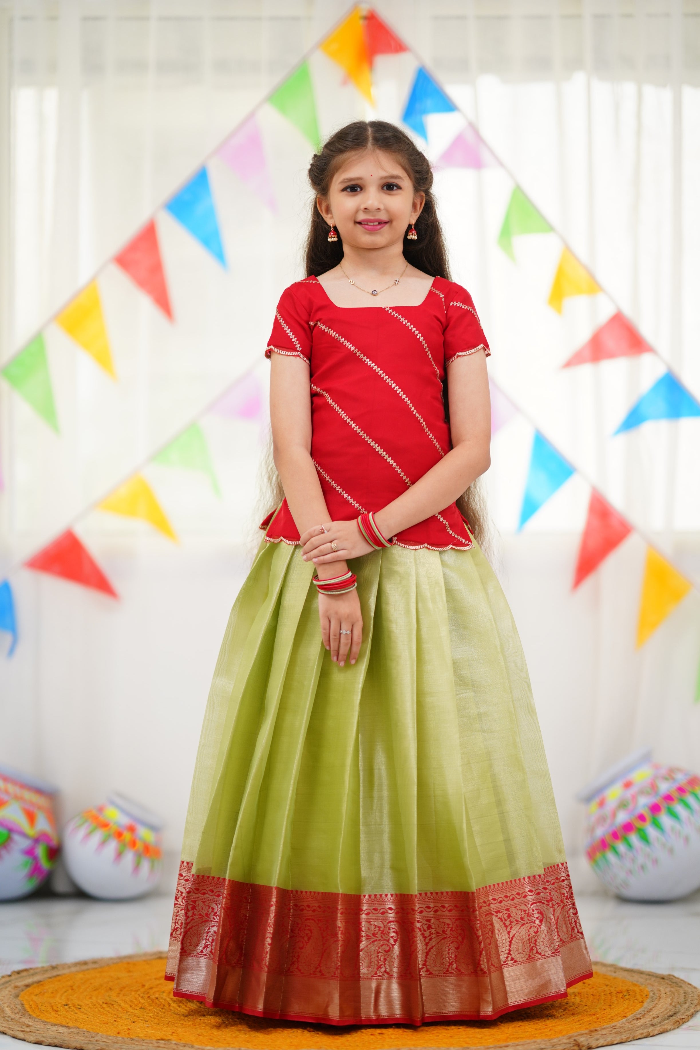 Organza Pavadai Sattai - Pastel Green and Red