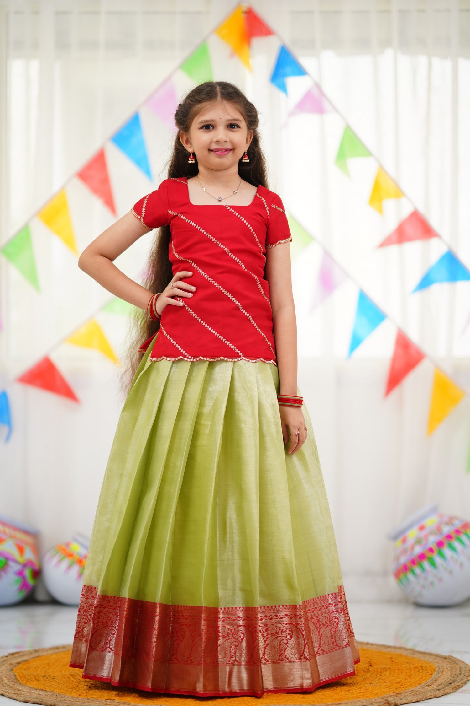 Organza Pavadai Sattai - Pastel Green and Red