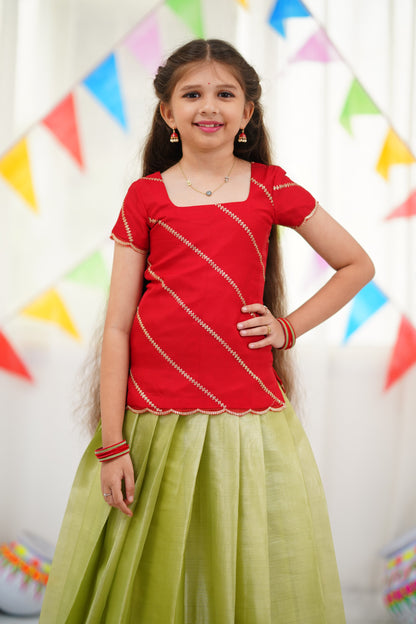 Organza Pavadai Sattai - Pastel Green and Red