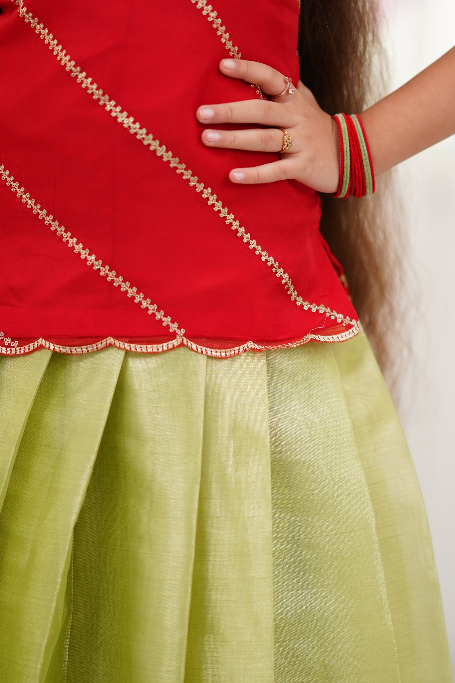 Organza Pavadai Sattai - Pastel Green and Red