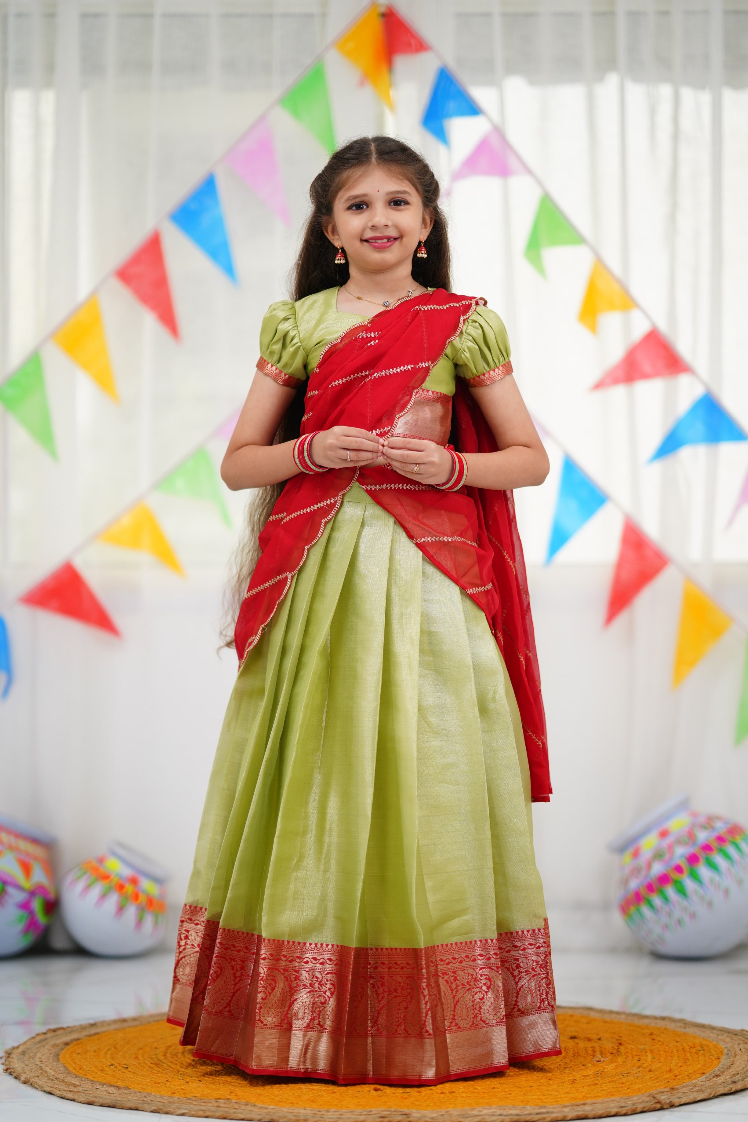 Kumaari Half Saree - Pastel Green and Red