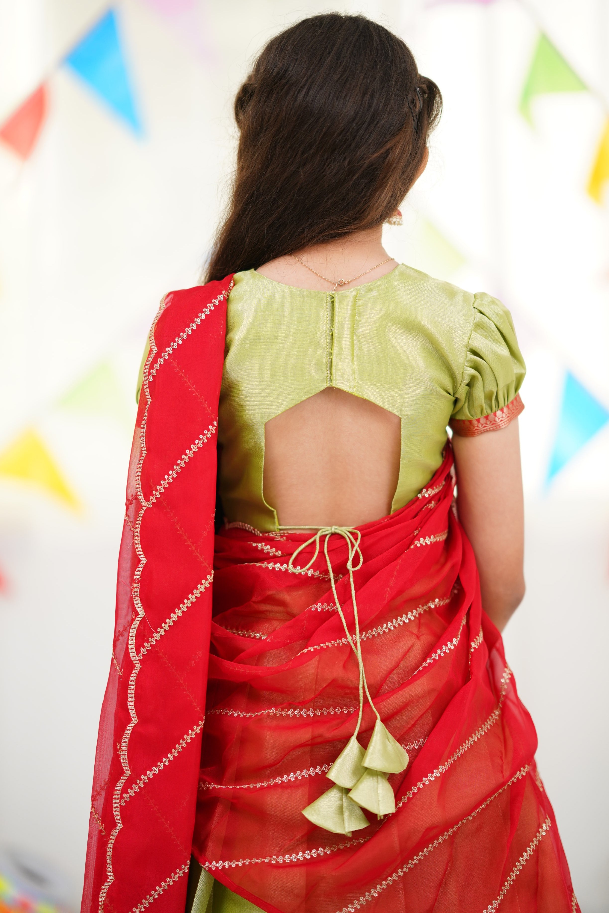 Kumaari Half Saree - Pastel Green and Red