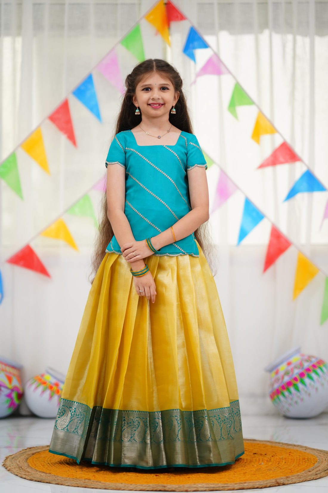 Organza Pavadai Sattai - Yellow and Teal Blue