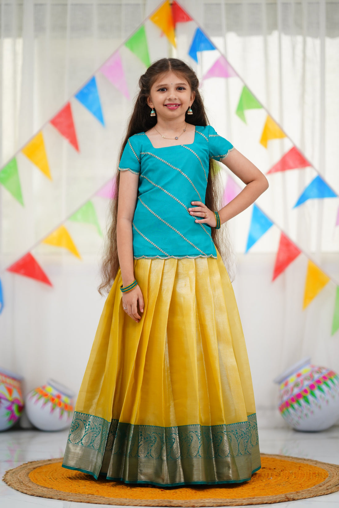 Organza Pavadai Sattai - Yellow and Teal Blue