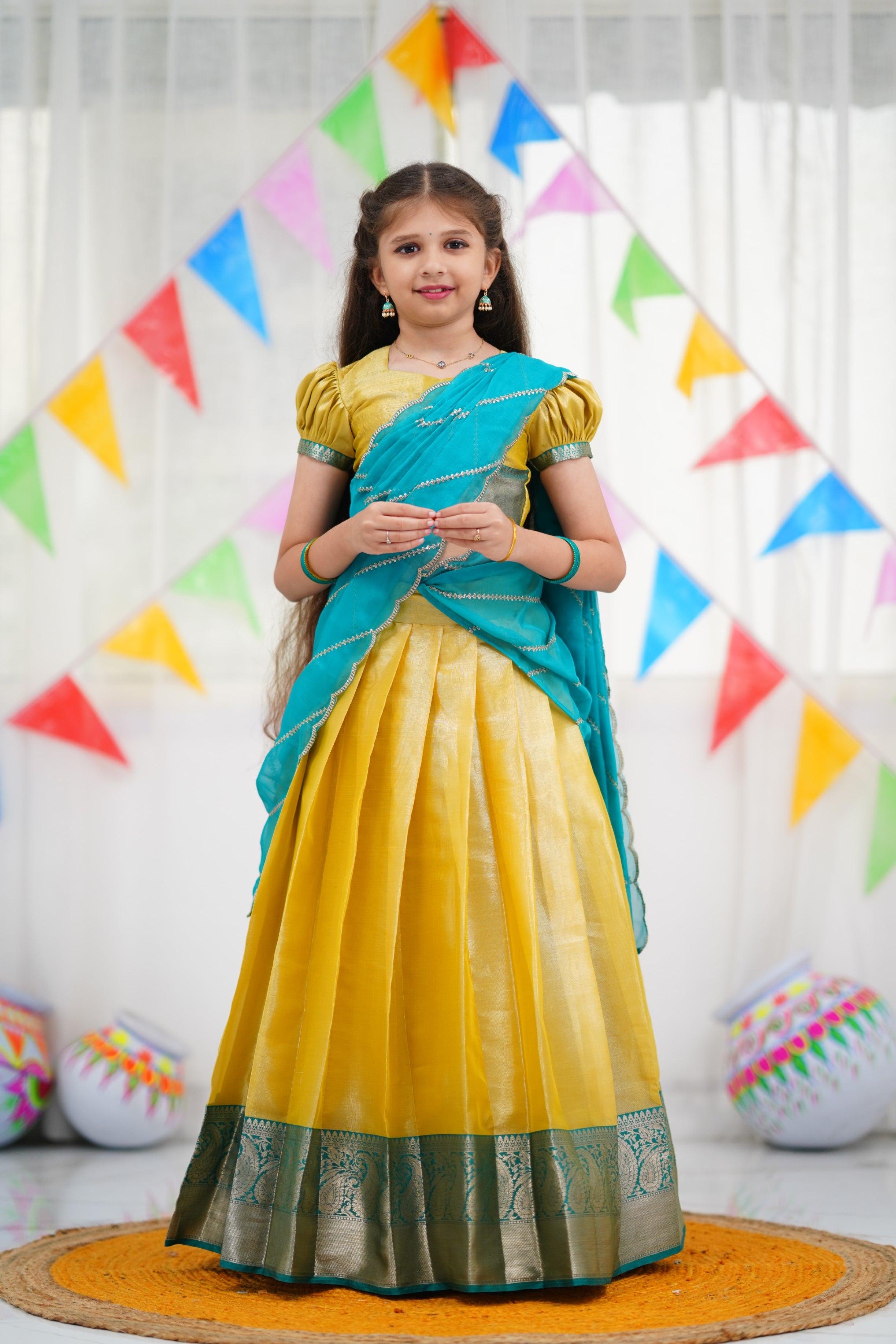 Kumaari Half Saree - Yellow and Teal Blue