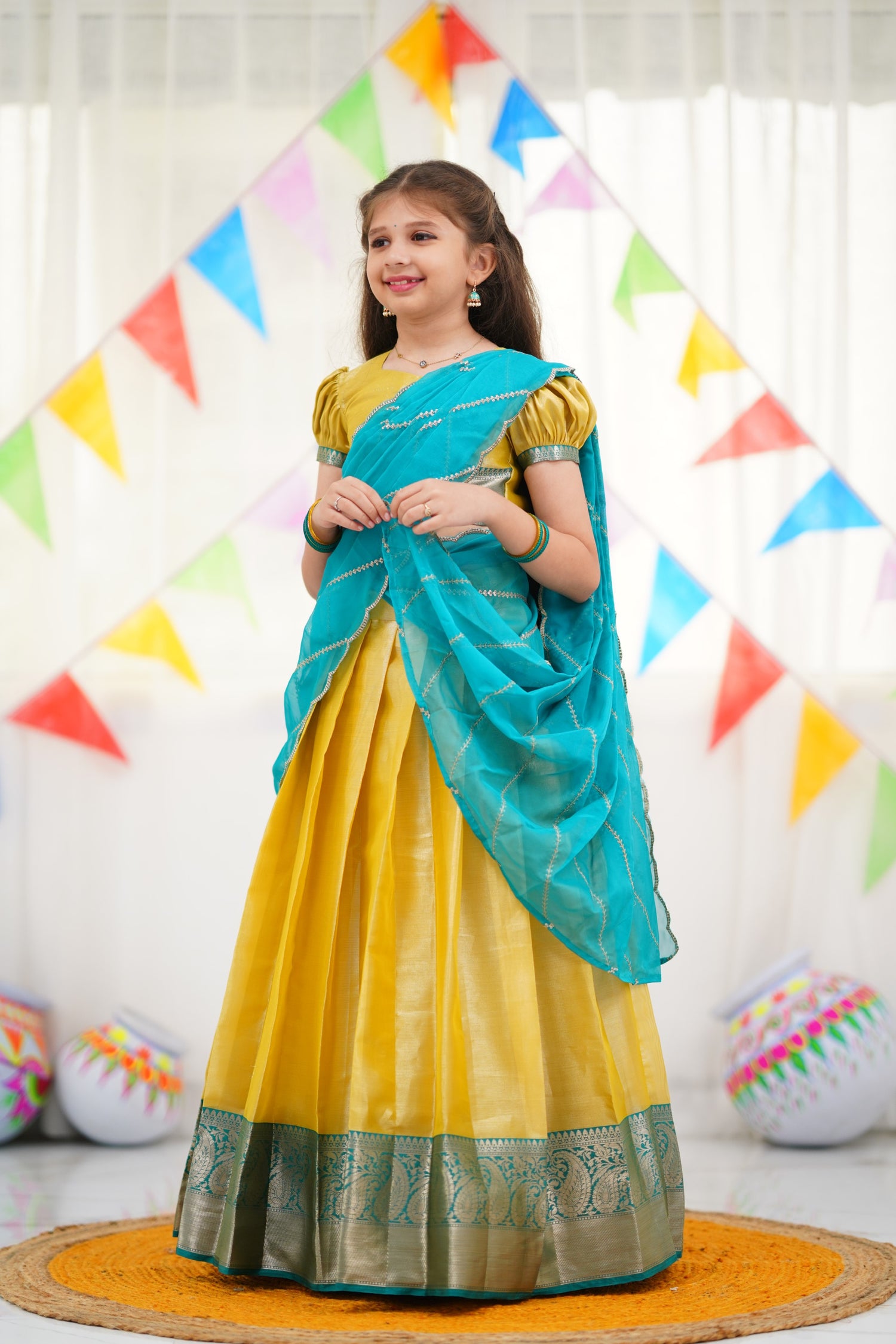 Kumaari Half Saree - Yellow and Teal Blue