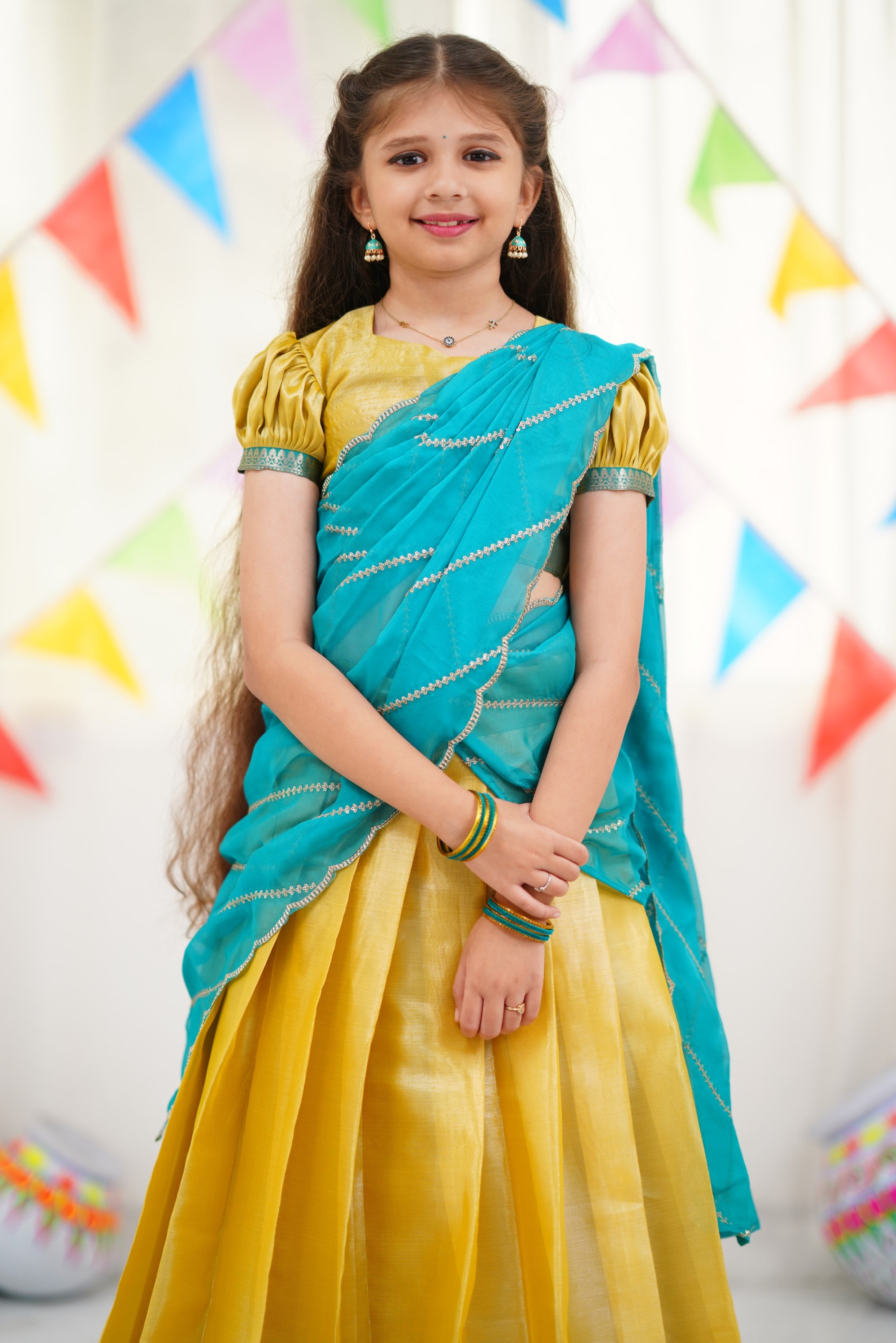 Kumaari Half Saree - Yellow and Teal Blue