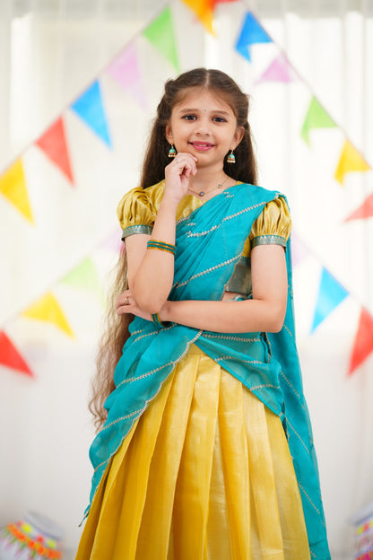 Kumaari Half Saree - Yellow and Teal Blue