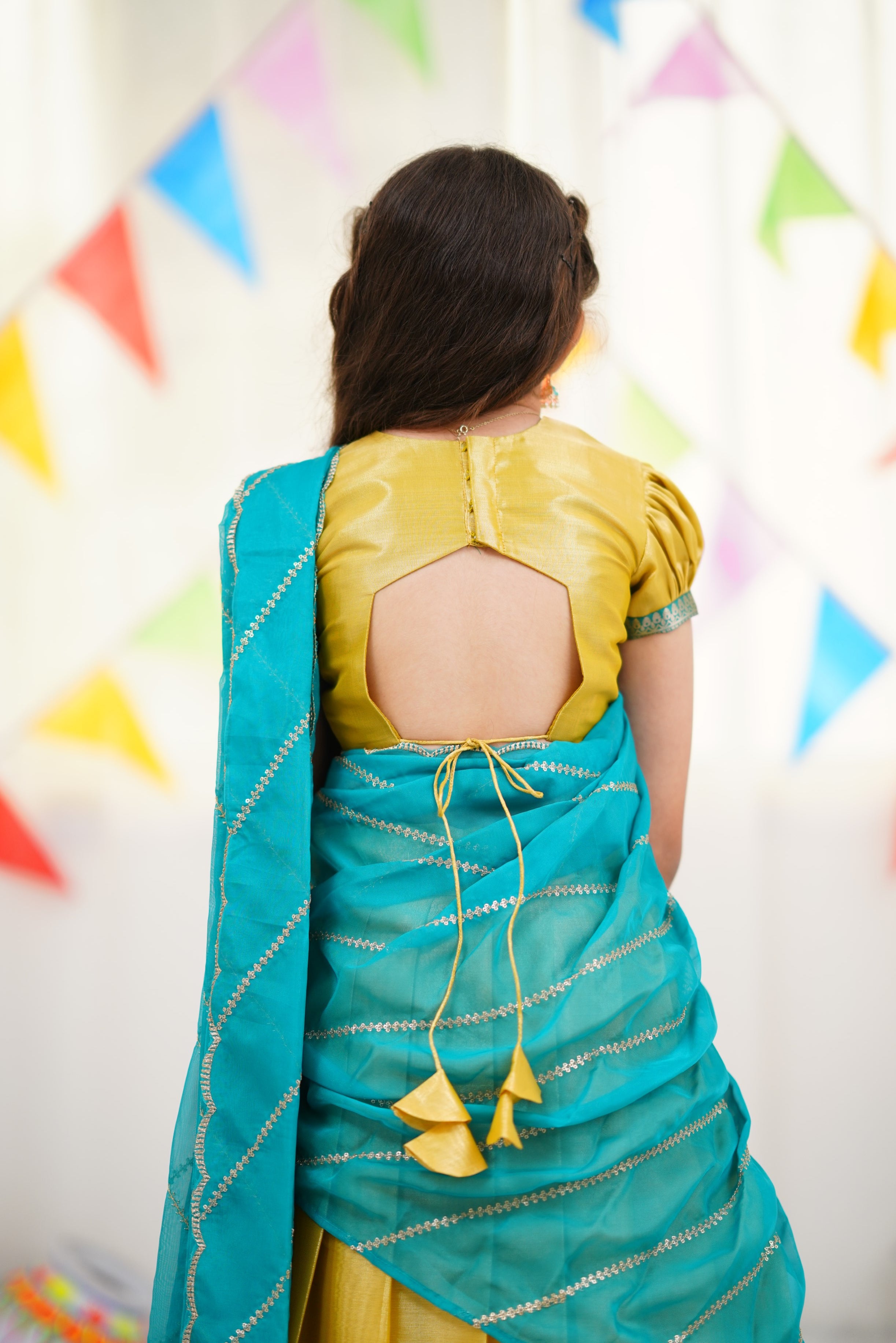 Kumaari Half Saree - Yellow and Teal Blue