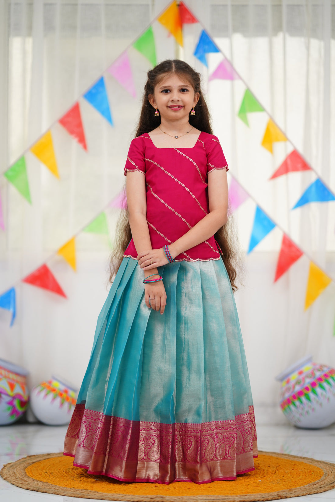 Organza Pavadai Sattai - Sky Blue and Pink