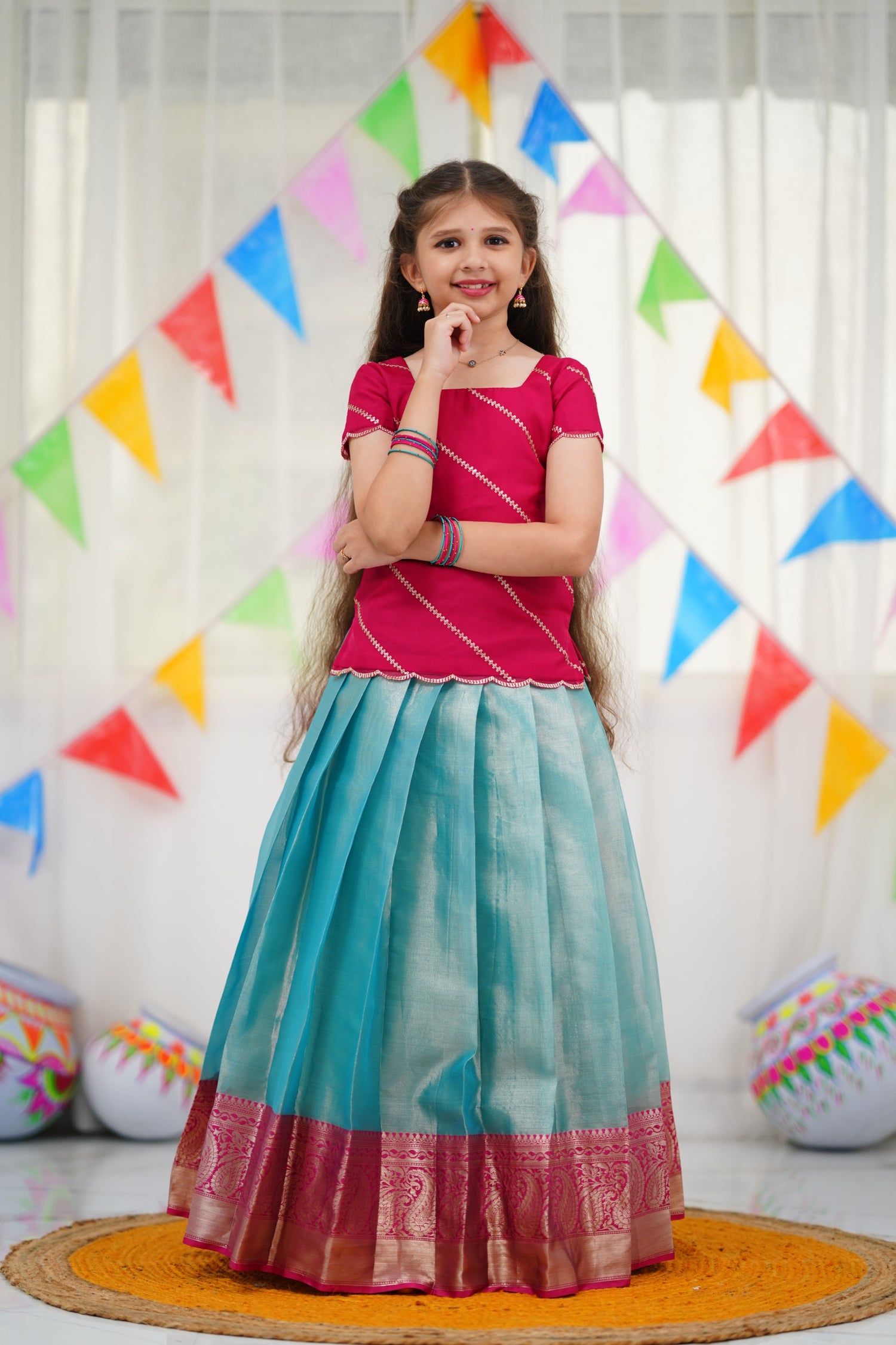 Organza Pavadai Sattai - Sky Blue and Pink