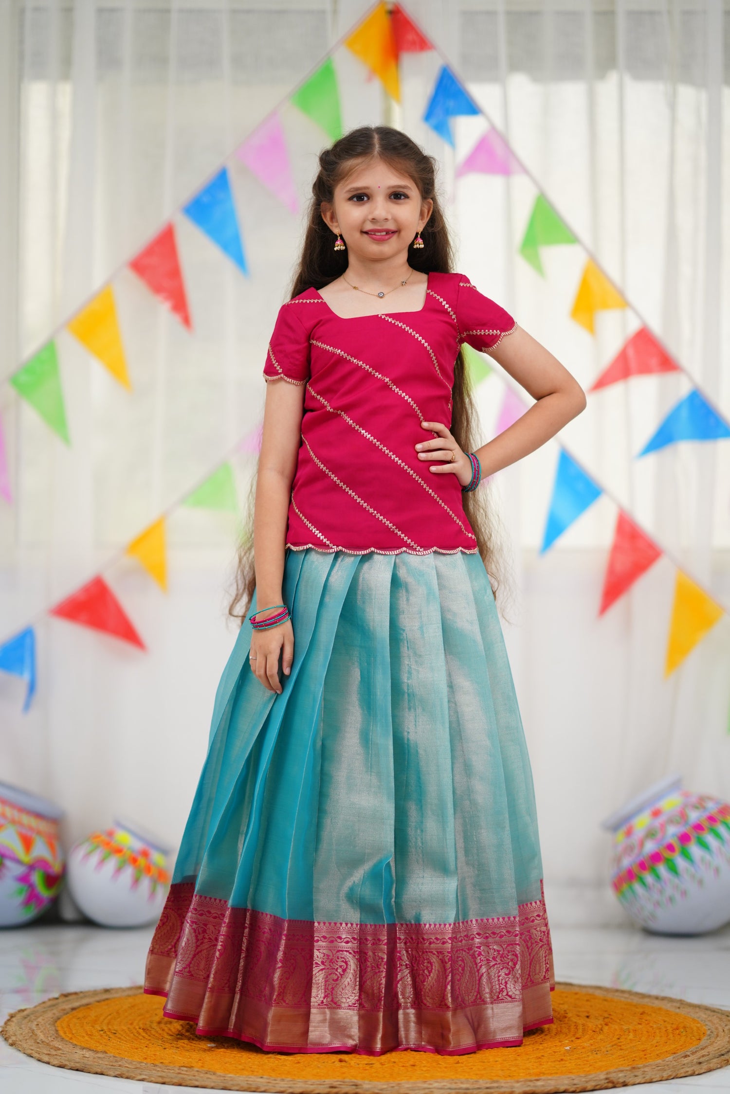 Organza Pavadai Sattai - Sky Blue and Pink