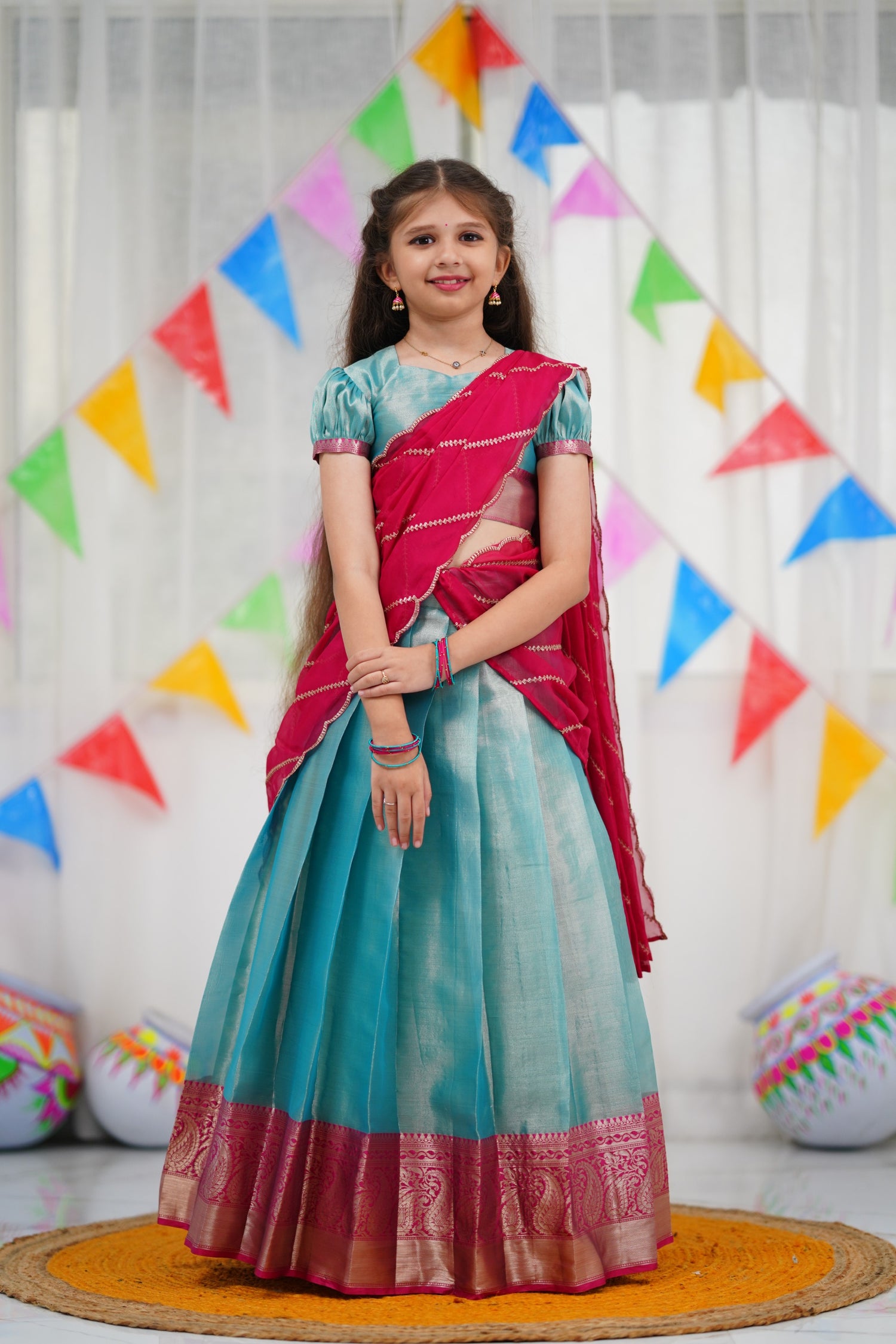 Kumaari Half Saree - Sky Blue and Pink