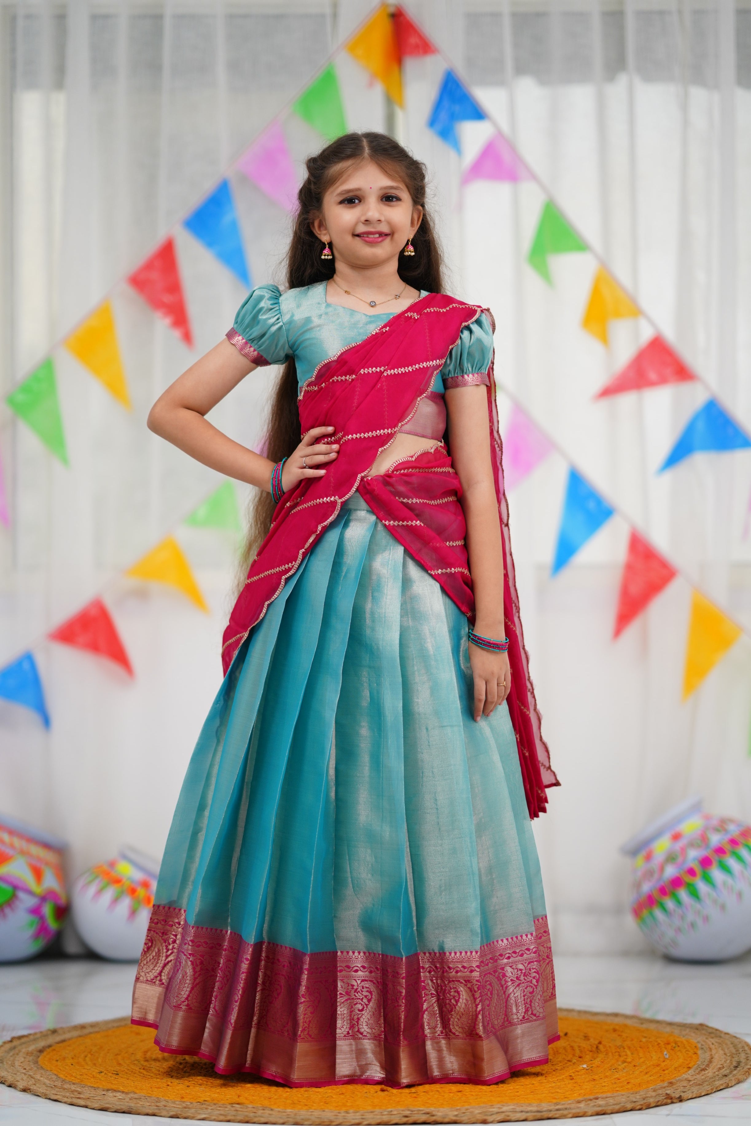 Kumaari Half Saree - Sky Blue and Pink