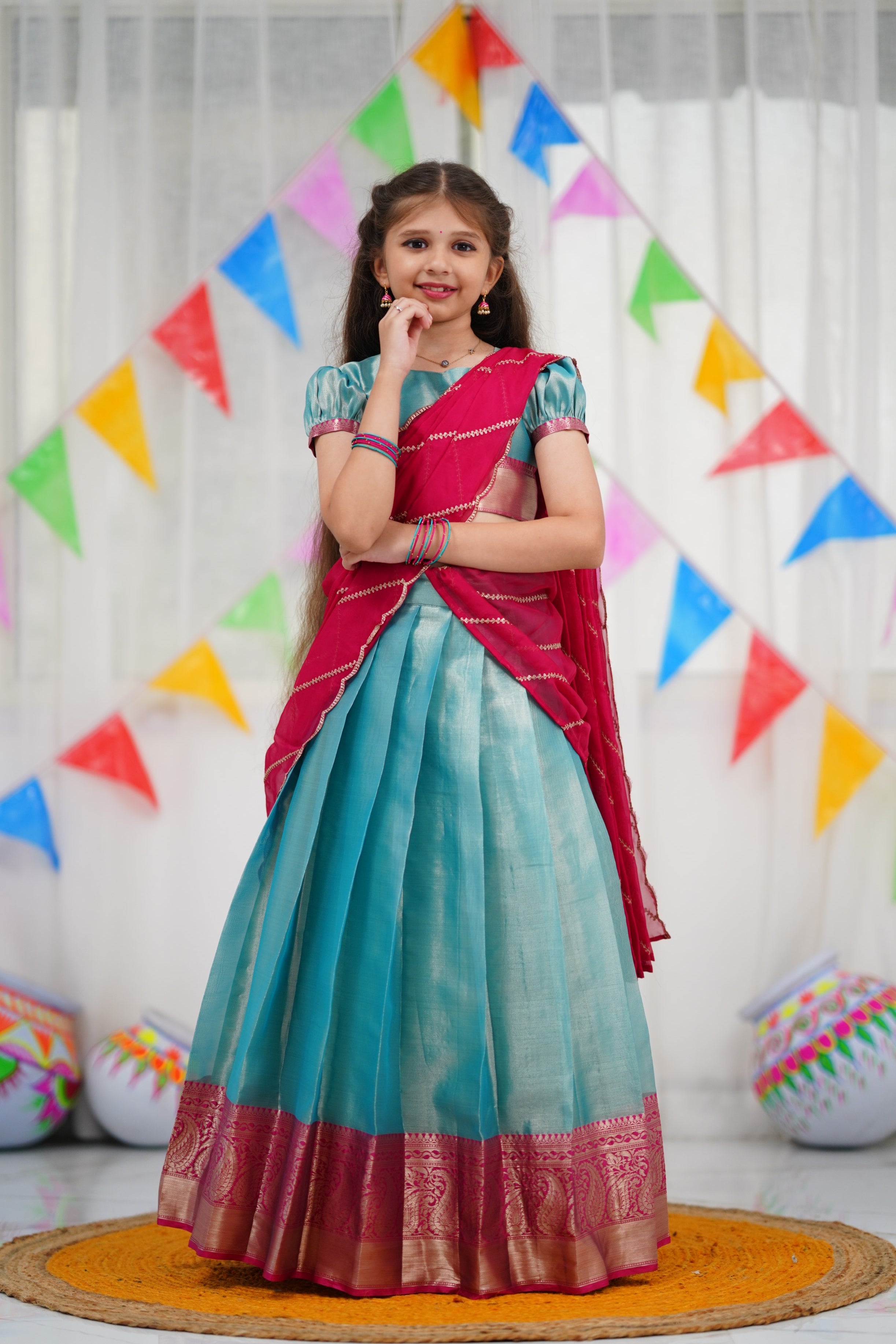 Kumaari Half Saree - Sky Blue and Pink