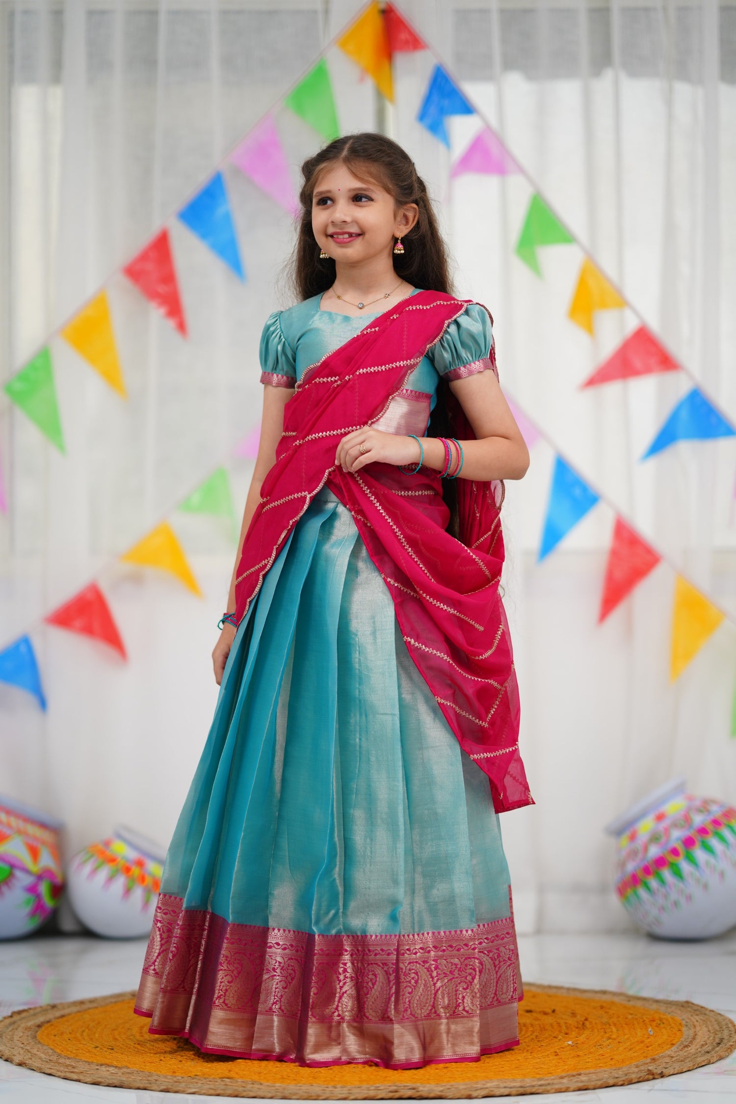 Kumaari Half Saree - Sky Blue and Pink