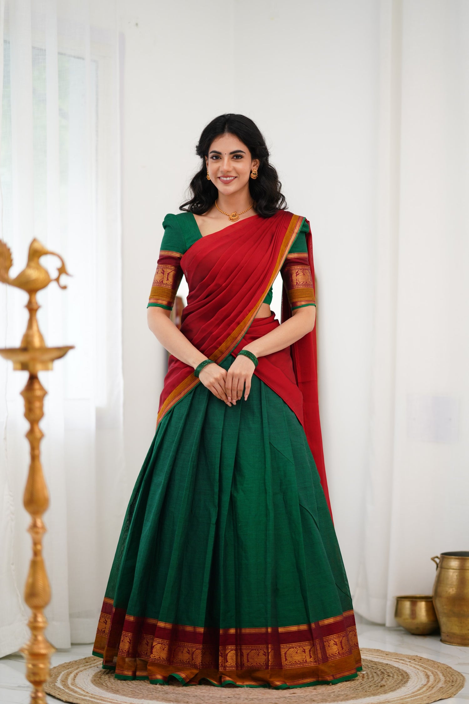 Padmaja Cotton Halfsaree - Green and Reddish Maroon