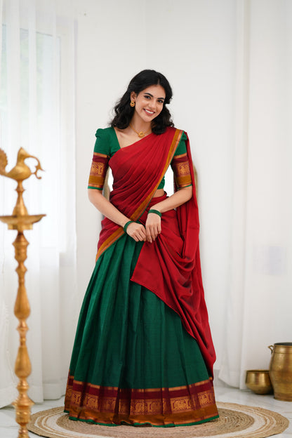 Padmaja Cotton Halfsaree - Green and Reddish Maroon